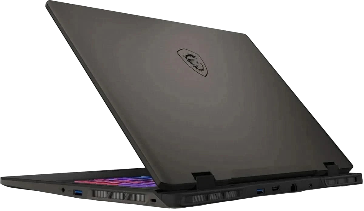 MSI Sword 16 gaming laptop rear angle view with ports