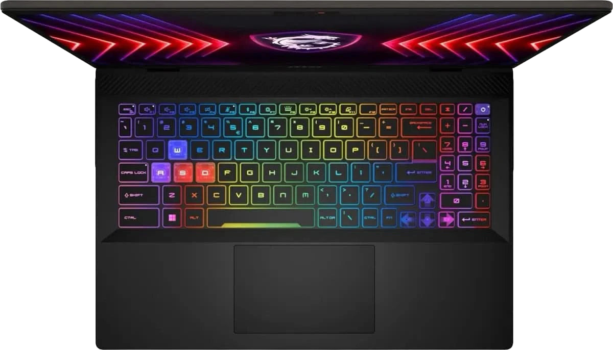 MSI Sword 16 gaming laptop top view of RGB keyboard